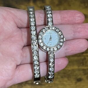 Silver Rhinestone Quartz Watch & Bracelet Set